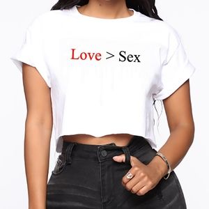 "LOVE > SEX" Cropped T Shirt - White